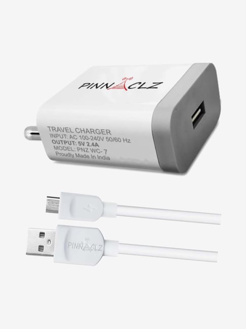 Pinnaclz 2.4Amp Single USB Output Wall Charger with Micro USB Cable (PNZ WC-7, White and Grey)