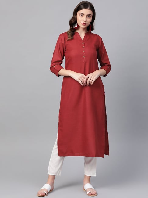 KSUT Maroon Cotton Straight Kurta Price in India