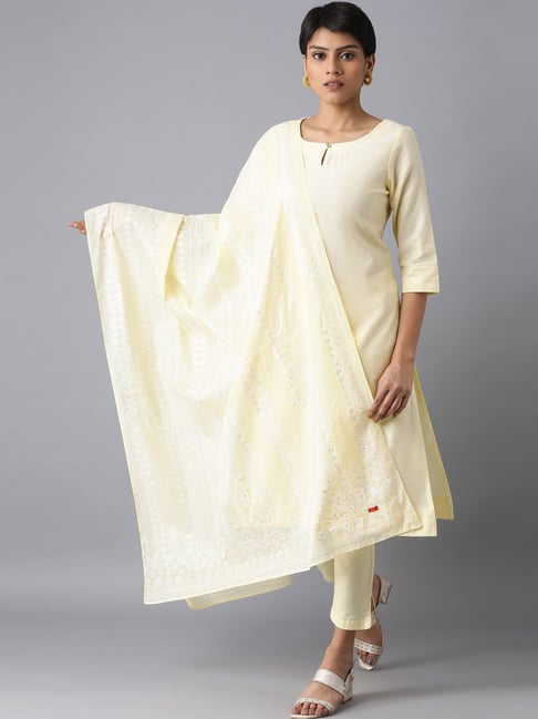 W Yellow Cotton Printed Dupatta