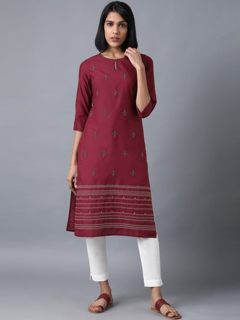 W Maroon Cotton Embroidered Straight Kurta