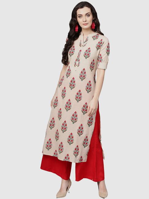 KSUT Beige Cotton Floral Print Straight Kurta Price in India