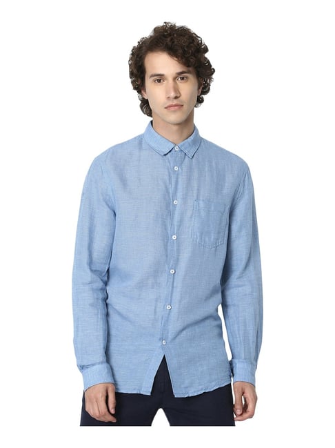 celio* Blue Linen Regular Fit Checks Shirt