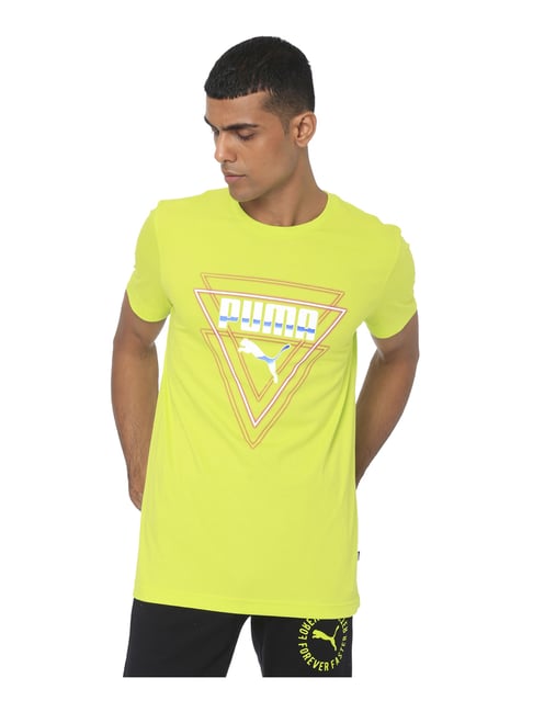 Puma Neon Yellow Cotton Regular Fit Logo Printed T Shirt