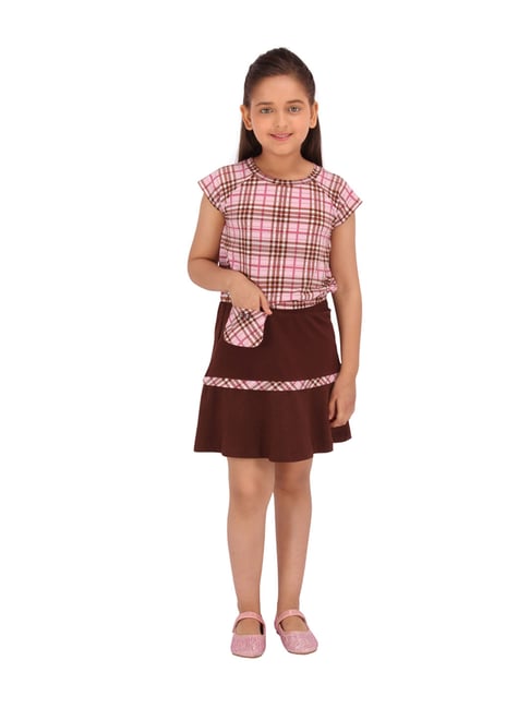 Cutecumber Kids Pink & Brown Checks Top With Skirt