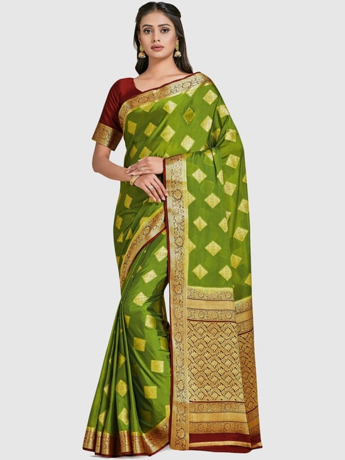 Mimosa Olive Green Woven Sarees With Blouse Price in India