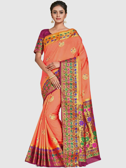 Mimosa Peach Woven Sarees With Blouse Price in India