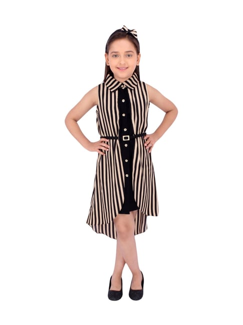 Cutecumber Kids Black & Beige Striped Party Dress With Hairband