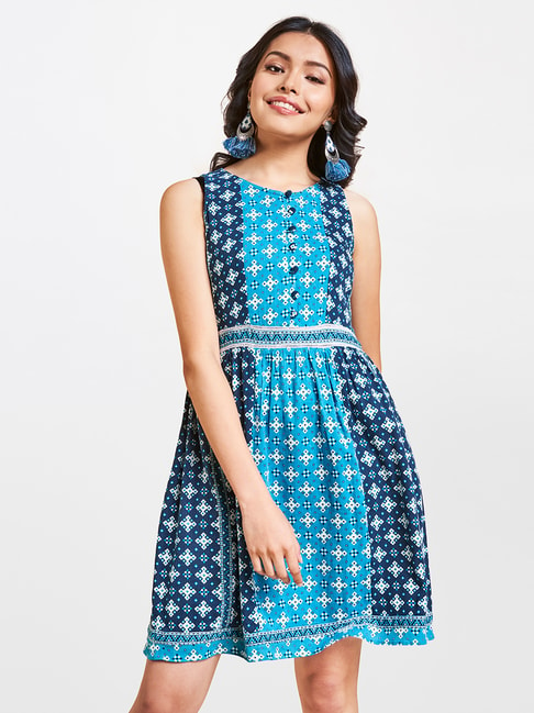 Global Desi Blue Printed Dress Price in India