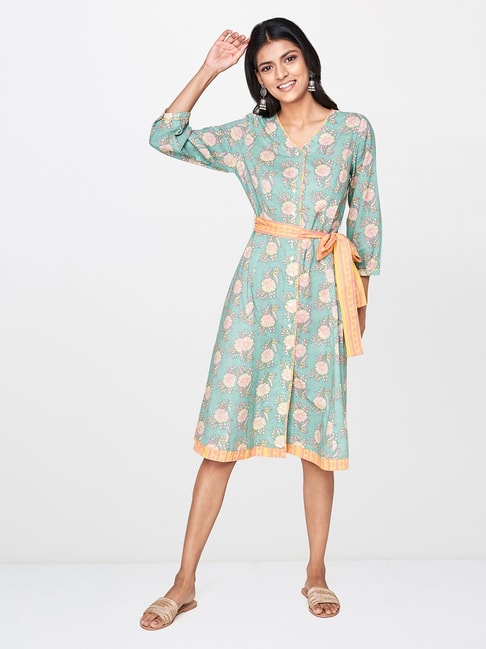Global Desi Green Floral Print Dress Price in India