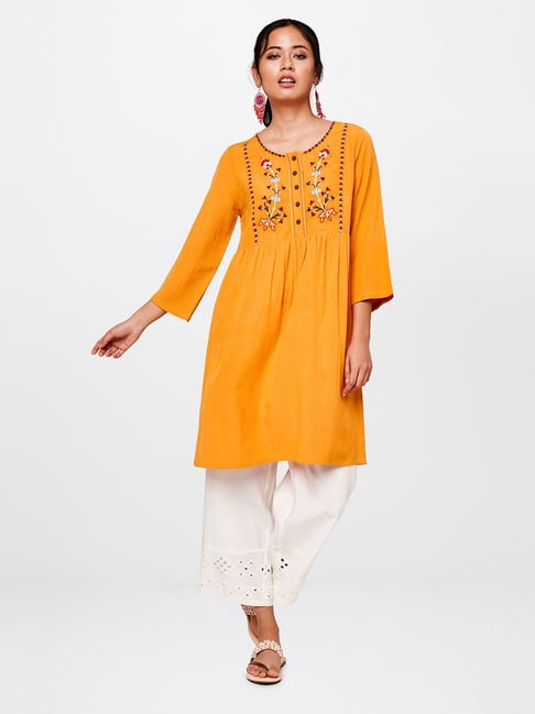 Global Desi Mustard Embroidered Tunic Price in India