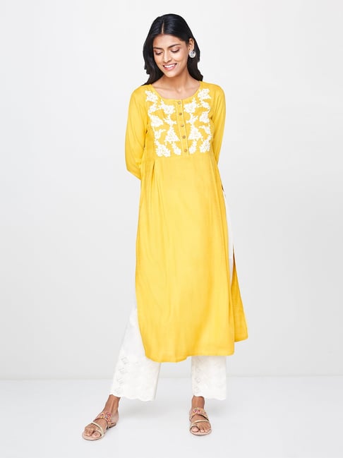 Global Desi Mustard Embroidered Kurta