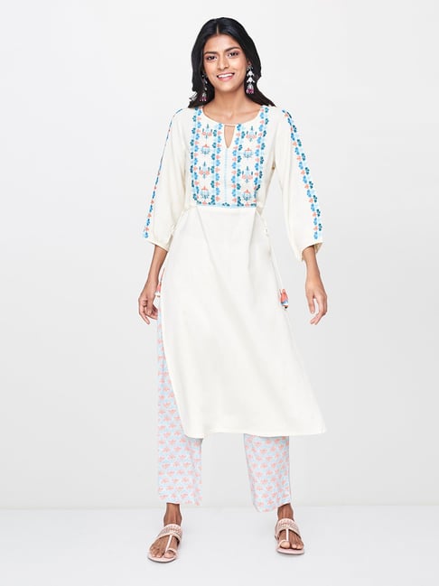 Buy Global Desi Off White Embroidered Kurta For Women Online Tata Cliq 