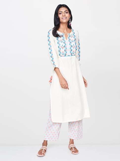 Buy Global Desi Off White Embroidered Kurta For Women Online Tata Cliq 