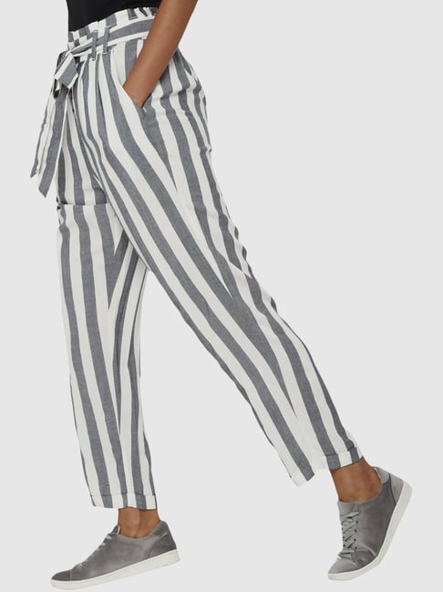 Women Striped Grey Linen Mid Rise Pencil Pants