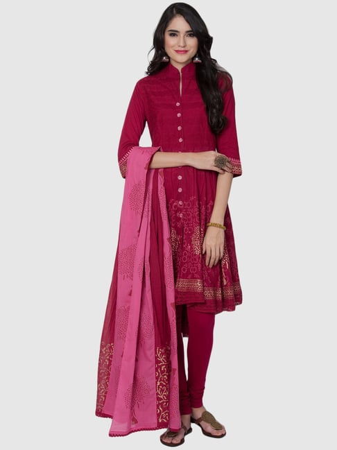 Biba Wine Cotton Embroidered Kurta Churidar Set With Dupatta