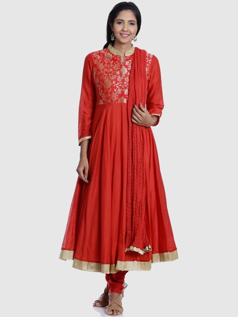 Buy Biba Red Cotton Kurta Churidar Set With Dupatta for Women