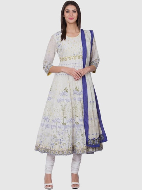 Biba Off-White Cotton Printed Kurta Churidar Set With Dupatta