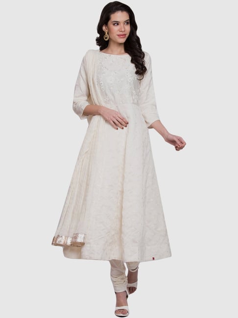 Biba Off-White Cotton Embroidered Kurta Churidar Set With Dupatta