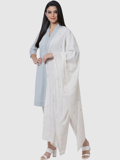 Biba Ice Blue & White Cotton Embroidered Kurta Pant Set With Dupatta Price in India