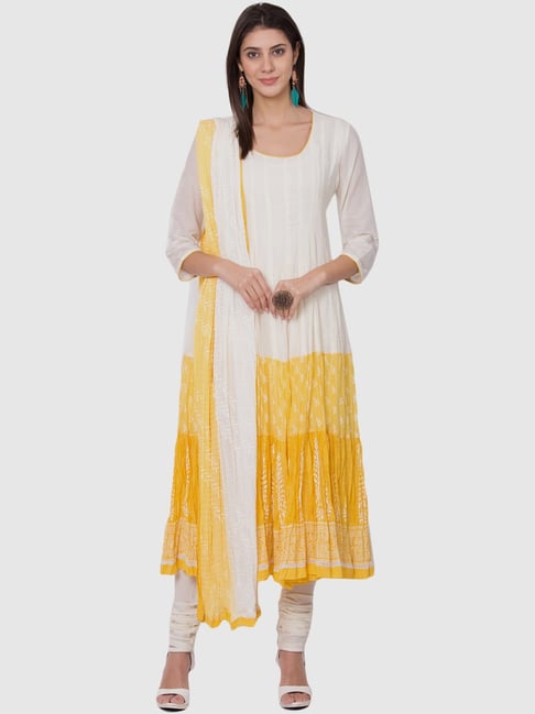 Biba Yellow & White Cotton Printed Kurta Churidar Set With Dupatta