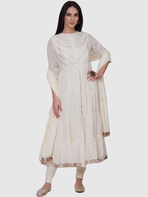 Biba Off-White Cotton Embellished Kurta Churidar Set With Dupatta