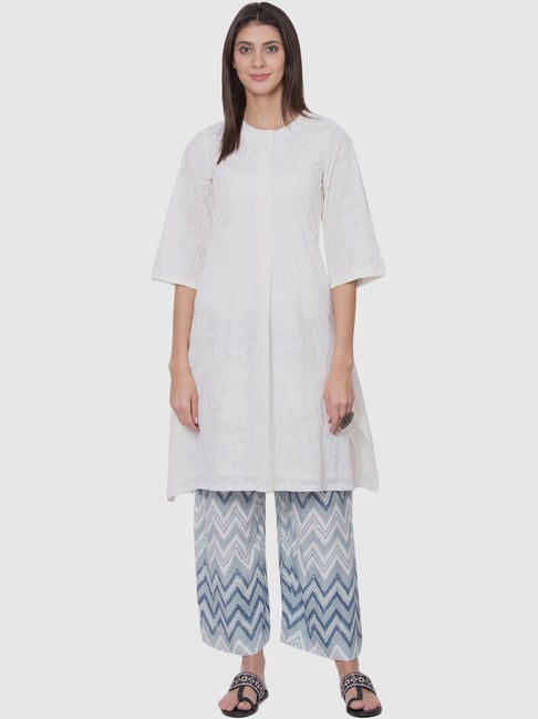 Biba White & Blue Cotton Printed Kurta Palazzo Set With Dupatta