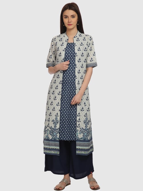 Biba Indigo Blue Cotton Printed A Line Kurta With Jacket