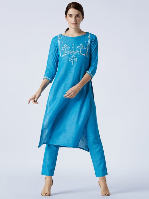 Okhai Quail Aqua Blue Pure Cotton Hand Embroidered Kurta Pant Set