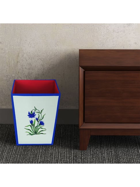 SEJ by Nisha Gupta Off White & Blue Wooden Open Dry Bin - 11.5 Litres