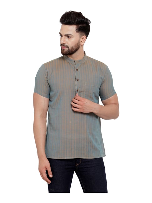 Abhiyuthan Grey Striped Mandarin Collar Kurta