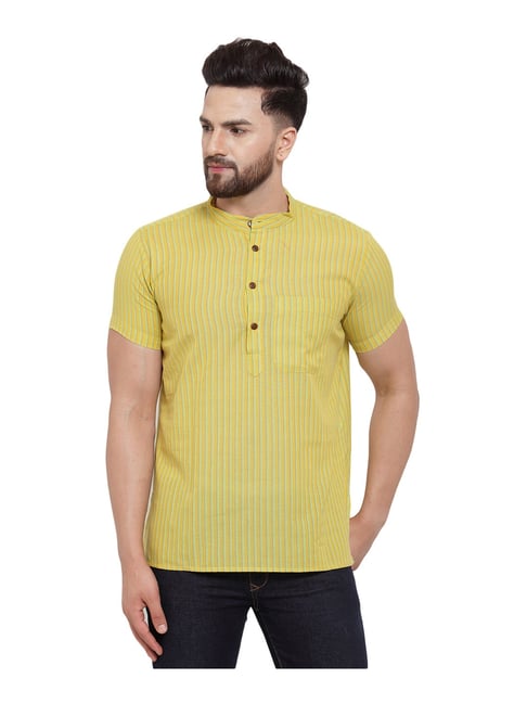 Abhiyuthan Yellow Striped Mandarin Collar Kurta