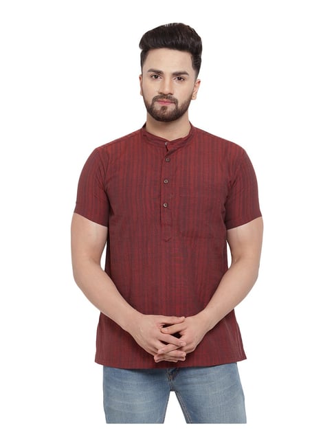 Abhiyuthan Maroon Striped Mandarin Collar Kurta