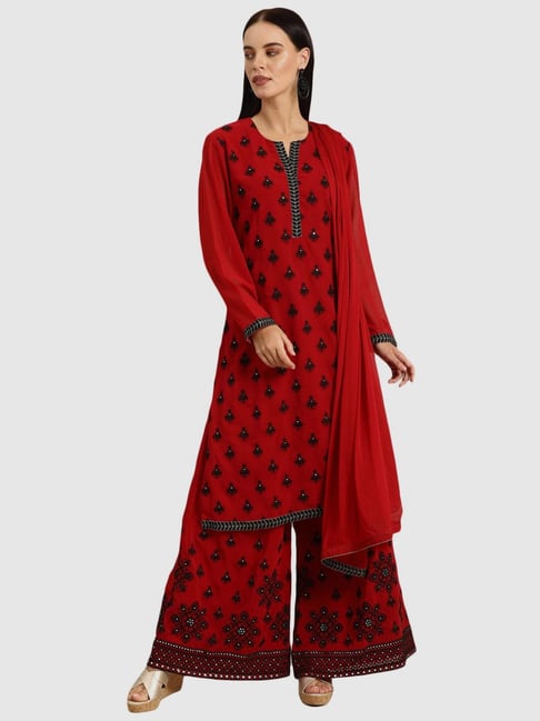 Soch Red Embroidered Kurta Palazzo Set With Dupatta