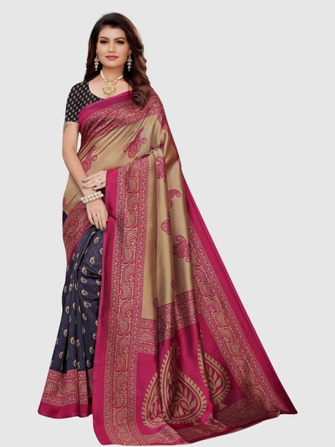 KSUT Black & Brown Printed Saree With Blouse Price in India