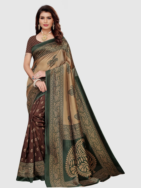 KSUT Brown Printed Saree With Blouse Price in India