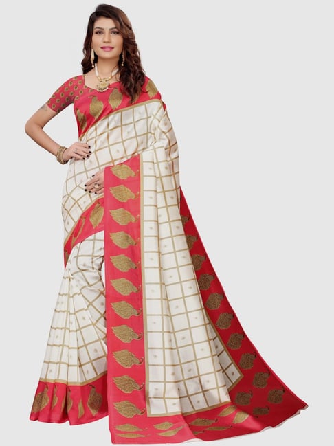KSUT Off-White & Red Printed Saree With Blouse Price in India