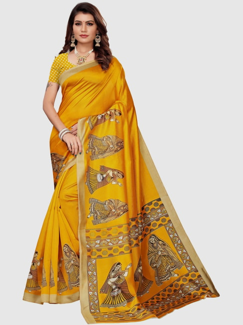 KSUT Mustard Printed Saree With Blouse Price in India