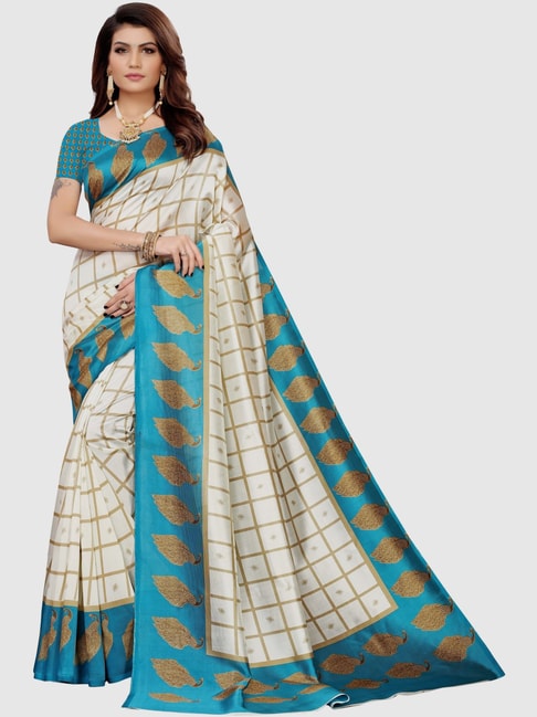KSUT Off-White & Blue Printed Saree With Blouse Price in India