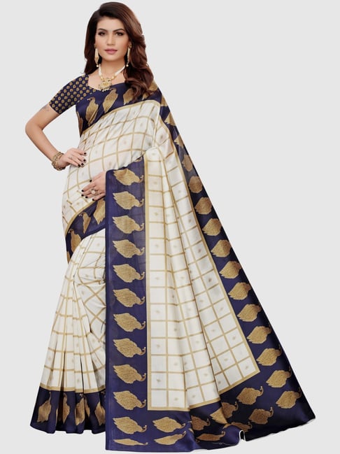 KSUT Off-White & Navy Printed Saree With Blouse Price in India