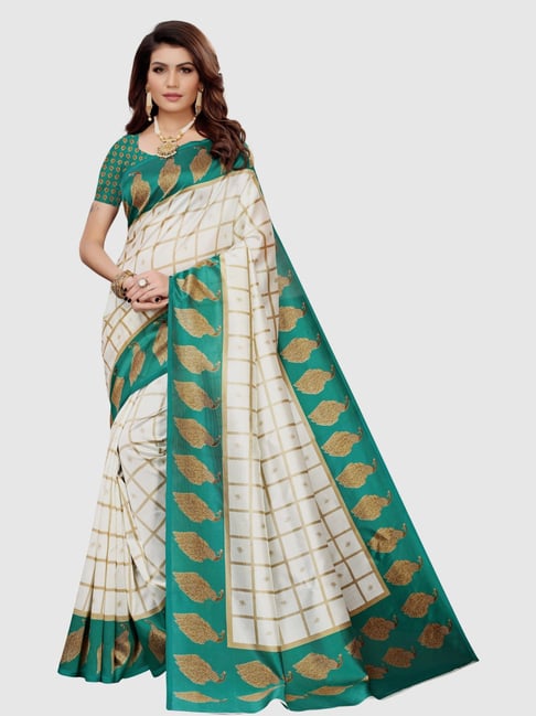 KSUT Off-White & Turquoise Printed Saree With Blouse Price in India