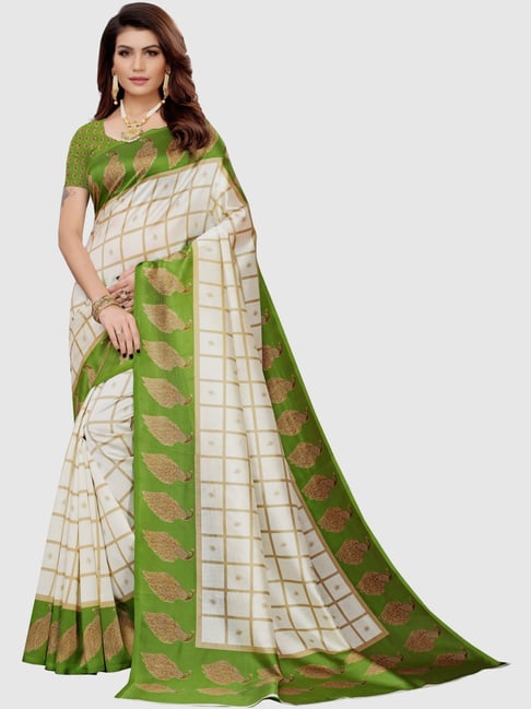 KSUT Off-White & Green Printed Saree With Blouse Price in India
