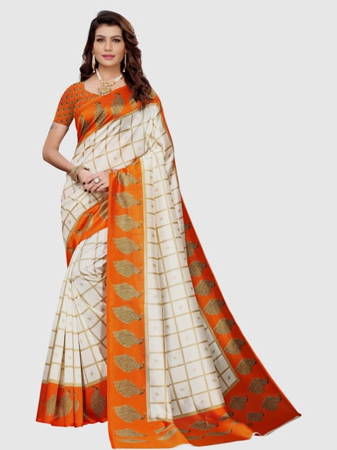 KSUT Off-White & Orange Printed Saree With Blouse Price in India