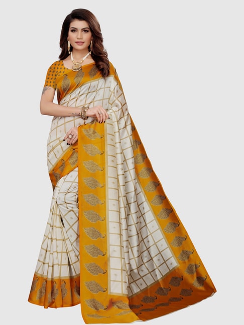 KSUT Off-White & Mustard Printed Saree With Blouse Price in India