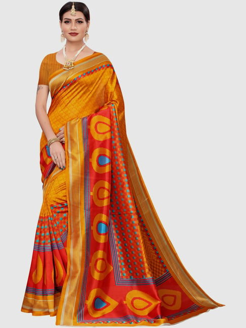 KSUT Mustard Printed Saree With Blouse Price in India