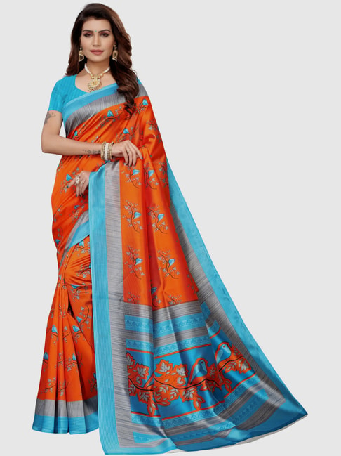 KSUT Orange Printed Saree With Blouse Price in India