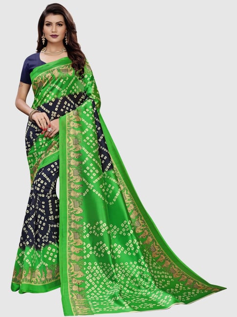 KSUT Green & Navy Printed Saree With Blouse Price in India