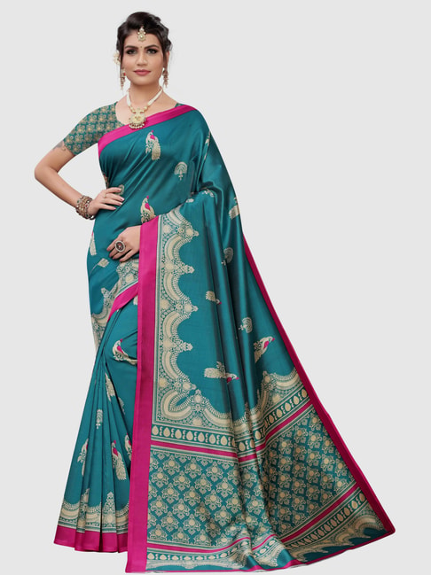 KSUT Turquoise Printed Saree With Blouse Price in India