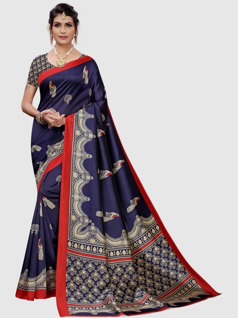 KSUT Navy Printed Saree With Blouse Price in India