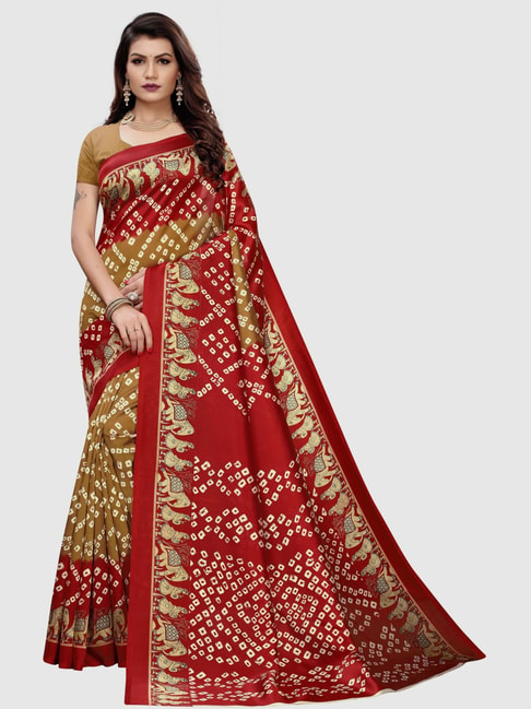 KSUT Maroon & Brown Printed Saree With Blouse Price in India