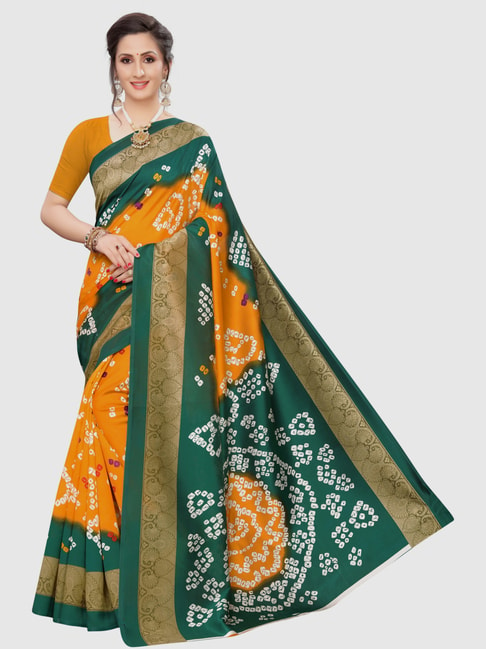 KSUT Green & Mustard Printed Saree With Blouse Price in India